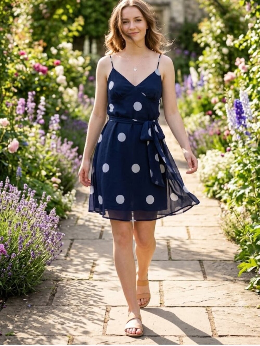Women's Navy Blue Polka Dot Midi Dress with Spaghetti Straps - Sz Large